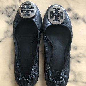 Tory Burch Reva Black Leather Silver Ballet flat